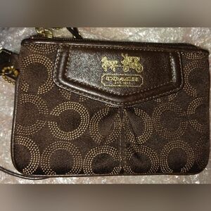 Coach Brown Signature Wristlet with Gold Logo